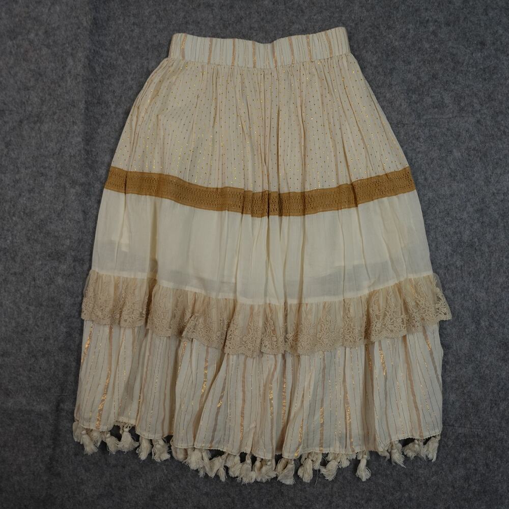 Anthropologie Skirt Womens Small NWT Midi Raga Raffaella Tasseled Boho Tan Cream - Picture 8 of 10
